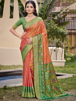 Sangam Prints - Orange Silk Woven Tassel Saree with Unstitched Blouse