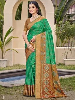 Sangam Prints - Green Silk Woven Tassel Saree with Unstitched Blouse