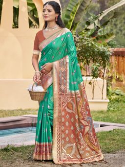 Sangam Prints - Green Silk Woven Tassel Saree with Unstitched Blouse
