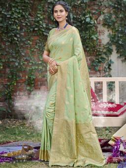 Sangam Prints - Light Green Silk Woven Tassel Saree with Unstitched Blouse