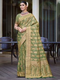 Sangam Prints - Green Satin Silk Woven Zari Tassel Saree with Unstitched Blouse