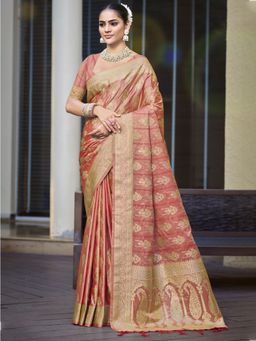 Sangam Prints - Peach Satin Silk Woven Zari Tassel Saree with Unstitched Blouse