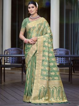 Sangam Prints - Rama Green Satin Silk Woven Zari Tassel Saree with Unstitched Blouse