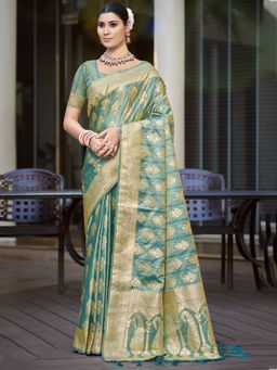 Sangam Prints - Sea Green Satin Silk Woven Zari Tassel Saree with Unstitched Blouse