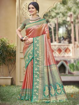 Sangam Prints - Peach Banarasi Silk Woven Tassel Saree with Unstitched Blouse