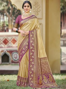 Sangam Prints - Cream Banarasi Silk Woven Tassel Saree with Unstitched Blouse
