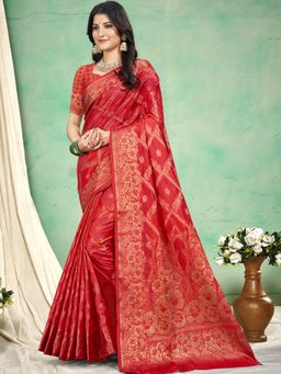 Sangam Prints - Red Silk Woven Tassel Saree with Unstitched Blouse