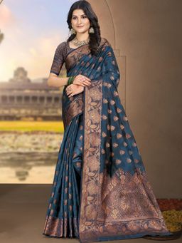 Sangam Prints - Teal Blue Silk Woven Tassel Saree with Unstitched Blouse