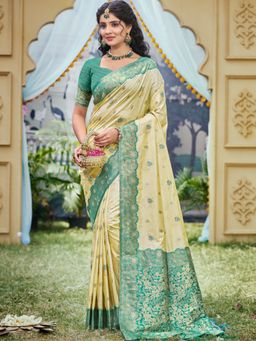 Sangam Prints - Cream Banarasi Silk Woven Tassel Saree with Unstitched Blouse