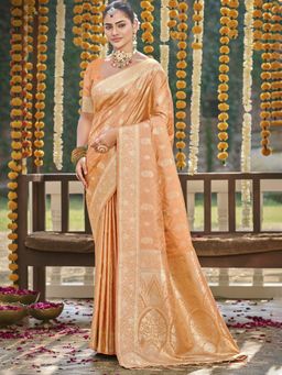 Sangam Prints - Orange Satin Silk Woven Tassel Saree with Unstitched Blouse