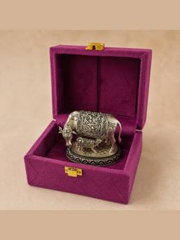 SABERA - Kamdhenu Cow & Calf Sculpture in Pure Silver Plating