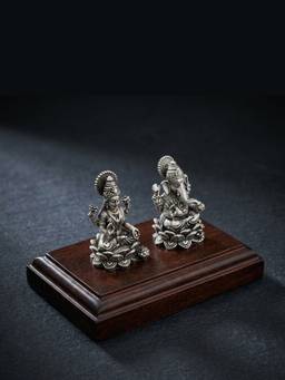 SABERA - Lakshmi Ganesh Idol Set on Wooden Base in Pure Silver Plating