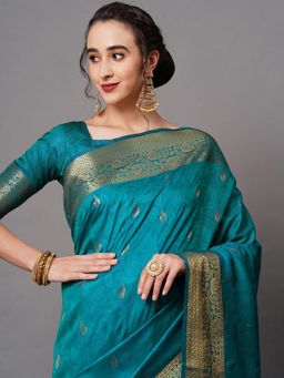 Sareemall - Blue Festive Silk Blend Woven Design Saree with Unstitched