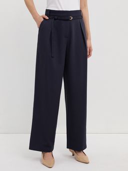 Pomelo - High Waist Wide Leg Pleated Trousers - Navy Blue