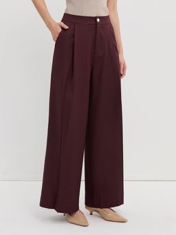 Pomelo - High Waist Wide Leg Trousers Gold Button - Burgundy