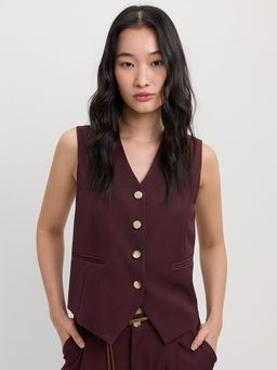 Pomelo - V-Neck Sleeveless Button Down Tailored Vest - Burgundy