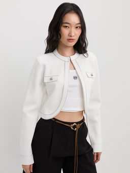 Pomelo - Round Neck Long Sleeve Cropped Cardigan - White