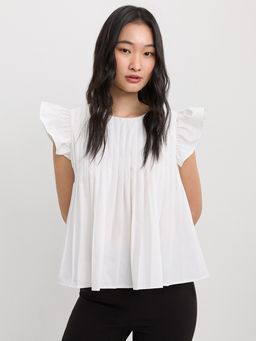 Pomelo - Round Neck Sleeveless Pleated Front Blouse - White