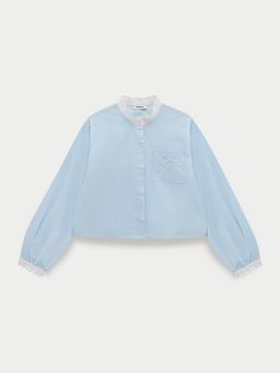 Pomelo - Ruffle High Neck Long Sleeve Blouse - Baby Blue