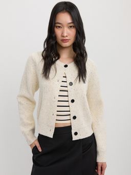 Pomelo - Crew Neck Long Sleeve Ribbed Cardigan - White