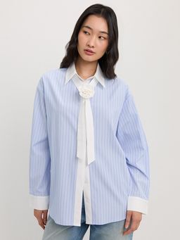 Pomelo - Oversized Pinstripe Shirt with Flower Necktie - Aqua Blue