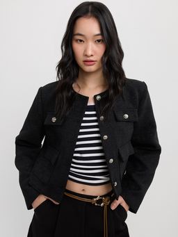 Pomelo - Round Neck Long Sleeve Tweed Jacket - Black