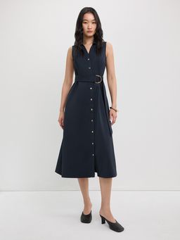 Pomelo - Sleeveless Polo Collar Midi Dress - Navy Blue