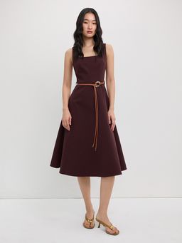 Pomelo - Square Neck Sleeveless Midi A-Line Dress - Brown