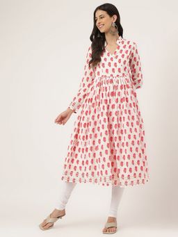 Divena - White and Red Floral Printed Angarakha Kurta
