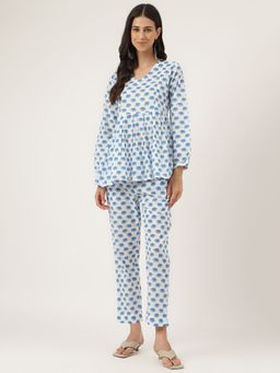 Divena - White Animal Printed Cotton Peplum Top Pant Co-ords (Set of 2)