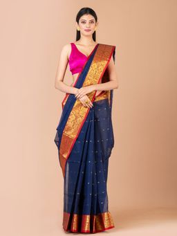 LAA CALCUTTA - Navy Blue Cotton Woven Tant Saree