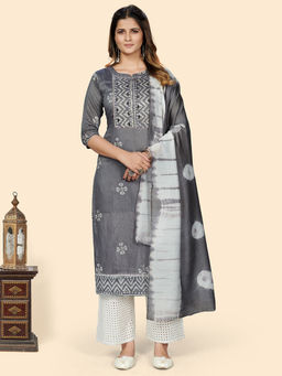 Vbuyz - Women's Batik Print Straight Chanderi Grey Stitched Kurta with Dupatta (Set of 2)