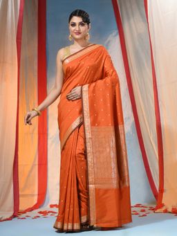 DESH BIDESH - Orange Women's Jacquard Banarasi Kanjivaram Woven Saree with Unstitched Blouse