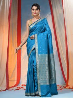 DESH BIDESH - Blue Women's Jacquard Banarasi Kanjivaram Woven Saree with Unstitched Blouse