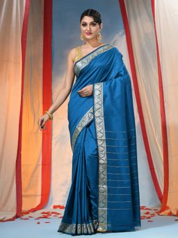 DESH BIDESH - Blue Women's Jacquard Banarasi Kanjivaram Woven Saree with Unstitched Blouse