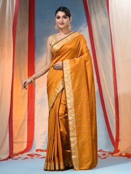 DESH BIDESH - Mustard Women's Jacquard Banarasi Kanjivaram Woven Saree with Unstitched Blouse