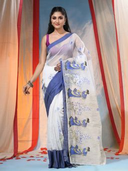 DESH BIDESH - Blue Women's Traditional Bengal Handloom Saree with Unstitched Blouse