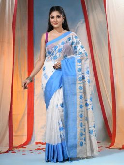 DESH BIDESH - Blue Women's Traditional Bengal Handloom Saree with Unstitched Blouse