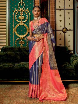 Odette - Blue Silk Blend Woven Saree with Unstitched Blouse