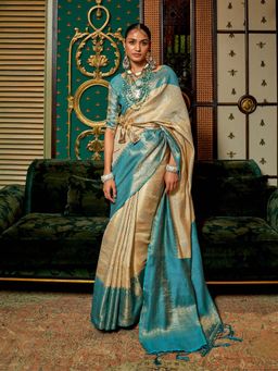 Odette - Teal Silk Blend Woven Saree with Unstitched Blouse
