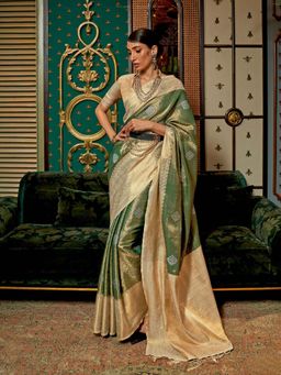 Odette - Green Silk Blend Woven Saree with Unstitched Blouse
