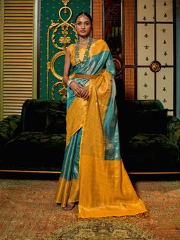 Odette - Blue Silk Blend Woven Saree with Unstitched Blouse