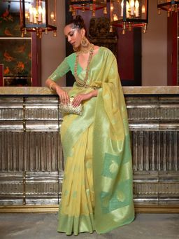 Odette - Green Linen Woven Saree with Unstitched Blouse