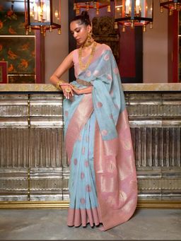 Odette - Blue Linen Woven Saree with Unstitched Blouse