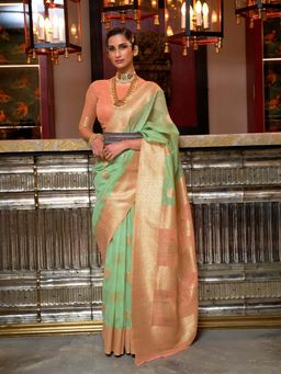 Odette - Green Linen Woven Saree with Unstitched Blouse
