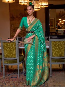 Odette - Green Silk Blend Woven Saree with Unstitched Blouse