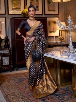 Odette - Black Silk Blend Woven Saree with Unstitched Blouse