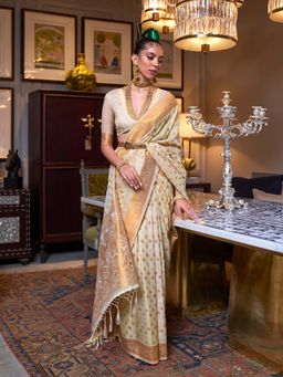 Odette - Off White Silk Blend Woven Saree with Unstitched Blouse