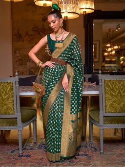 Odette - Green Silk Blend Woven Saree with Unstitched Blouse