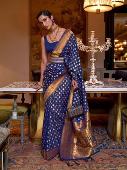 Odette - Navy Blue Silk Blend Woven Saree with Unstitched Blouse